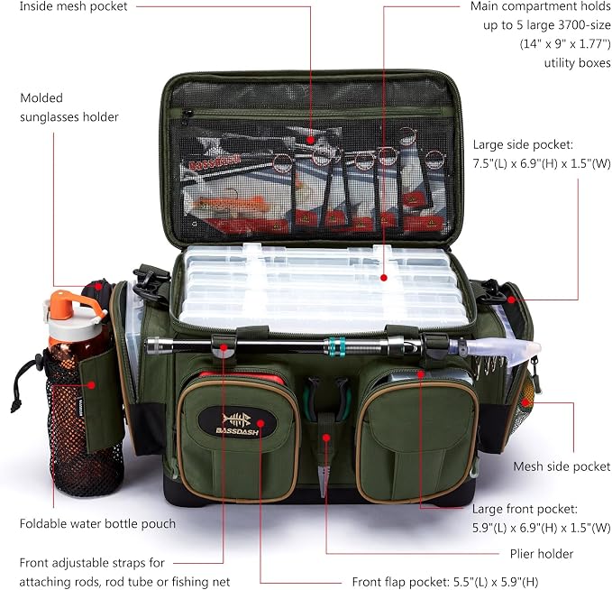 BASSDASH Fishing Tackle Shoulder Bag Water Resistant Lightweight Gear Storage Pack with Hard Molded Bottom Rain Cover