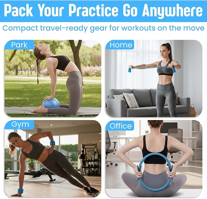 Pilates Kit for Women – 16 Pcs Home Pilates Equipment Set with Magic Circle Ring, Ball, 5 Resistance Bands, Yoga Strap, Ankle Weights, Grip Socks & More | Pilates Starter Kit