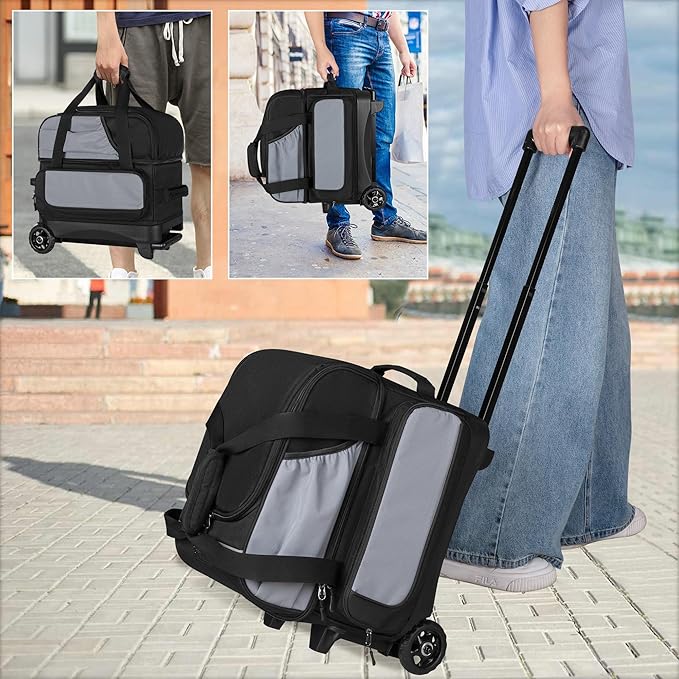 GOBUROS Single Ball Roller Bowling Bag with Wheels and Retractable Handle Extends to 35.4 Inches, Single Bowling Ball Bag with Shoe Compartment and Multiple Accessory Pockets, Black and Gray