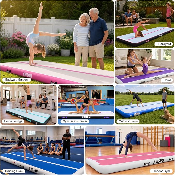 AWSUM Inflatable Gymnastics Mat 10ft/13ft/16ft/20ft/23ft Training mat 4/8 inches Thick tumbling mat with Electric Pump for Home/Gym/Outdoor