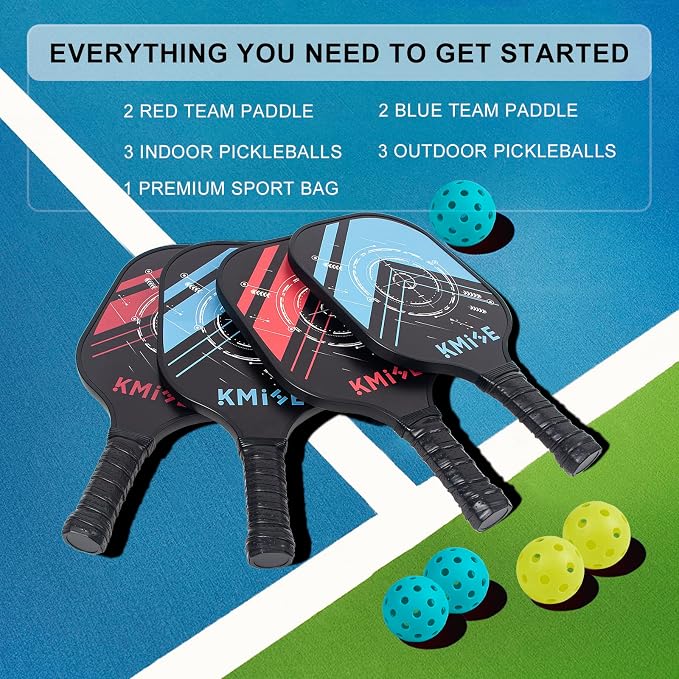 Kmise Pickleball Paddles Set,Premium Carbon Fiber Pickleball Rackets,Lightweight Pickleball Racquet Set of 2/4 with 6 Pickle Balls Pickleball Bags for Beginners Pros Men Women (Fiberglass)