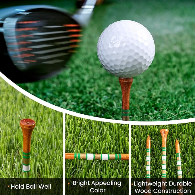 Golf Tees Wood 3 1/4 2 3/4 Inch Value 500/1000 Pack with Bright Colors & Consistent Height, High Visibility with Gold Stripes for Course Practice