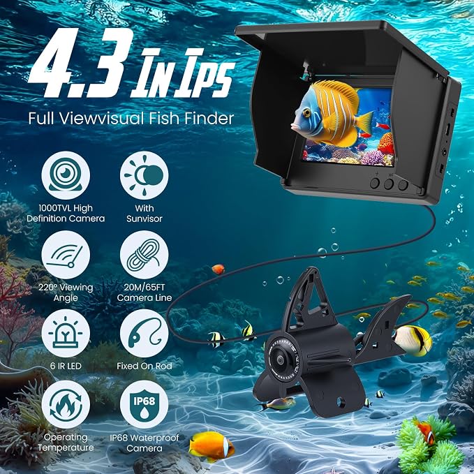 Underwater Fishing Camera with 4.3" IPS HD Screen, Underwater Viewer with 360° Rotating Lens, IR Night Vision, 5000mAh 10H Runtime, IP68 Waterproof Ice Fishing Camera for Lake Boat Kayak