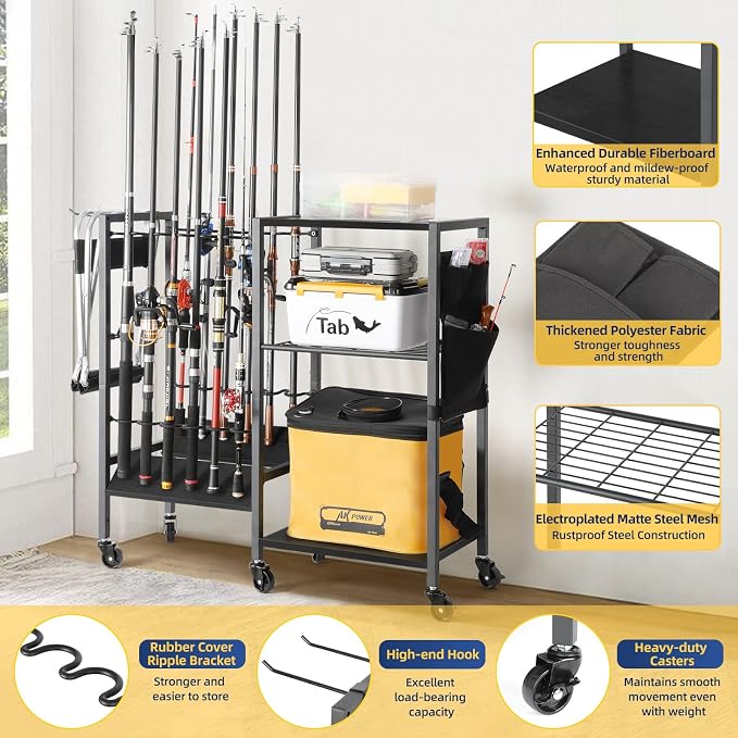 Olakee Fishing Rod Holders, Rolling Fishing Rod Rack for Garage & Boat, Tackle Box & Reel Holder Cart, Easy Assembly Fishing Gear Management System, Ideal Birthday Gift for Men Dad Anglers