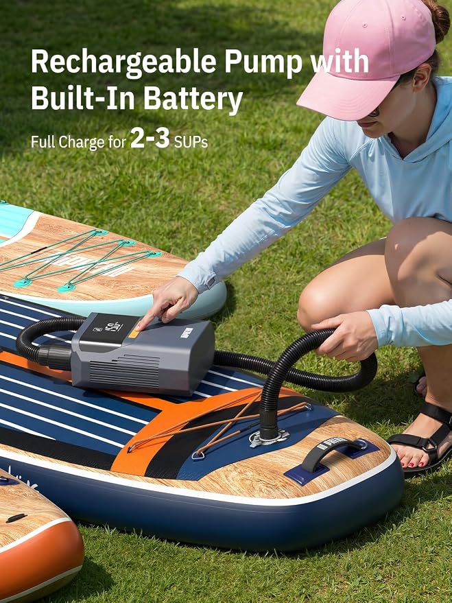 Niphean Paddle Board Electric Pump with Battery 50 PSI Rechargeable Air Pump Dual Stage Auto Inflation&Off 12V DC Car Connector Portable SUP Pump for Stand Up Paddle Board, Kayak, Tent and Tires