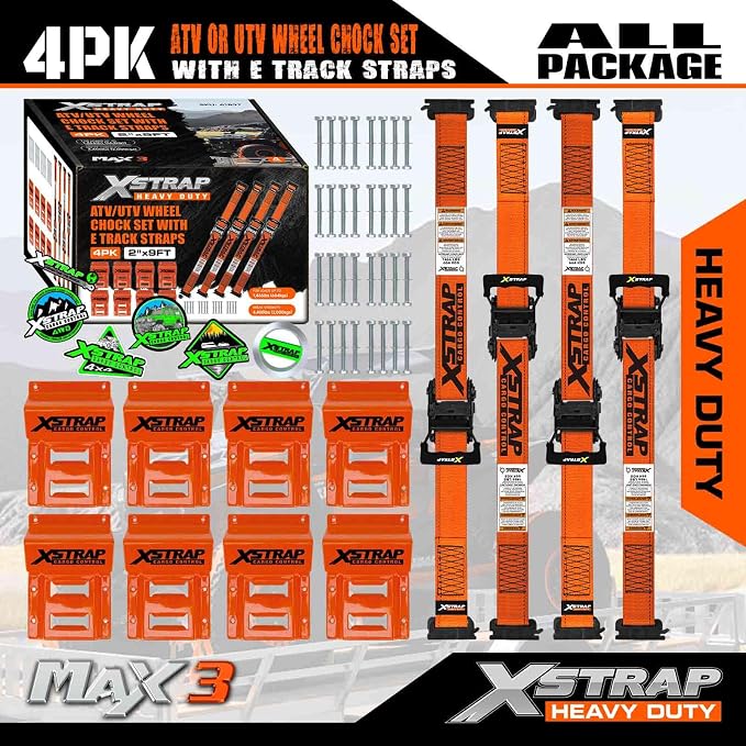 XSTRAP STANDARD Wheel Chock E-Track Tie Down Straps Kit, 4 Pack 2" x 9FT Over-The-Tire Ratchet Straps with Steel Wheel Chocks, 1466 lbs WLL for ATV, UTV, Lawn Mower, Trailer Hauling, Orange