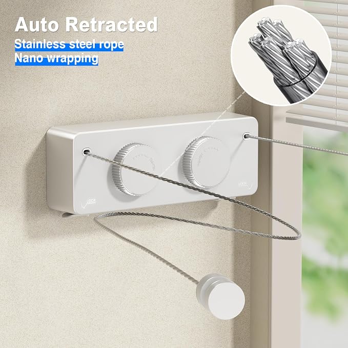 MUSTORN Retractable Twin Clothesline Indoor, Non-Sagging Outdoor Clothes Line Retracting Heavy Duty Clothes Drying Laundry Line Wall Mounted Stainless Steel Line-13.8Feets(Double Line-White)