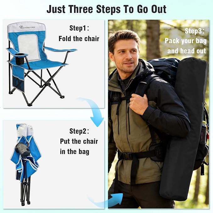 Camping Chairs, 300 LBS Breathable Mesh Lawn Chairs 2 Packs (Blue White) | High Back, Portable Outdoor Folding Camping Chairs for Adults, with Cup Holder for Picnic, Lawn, Beach, Fishing and Sports