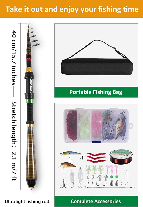 Milerong Fishing Rod and Reel Combo，Carbon Fiber Telescopic Fishing Pole with Stainless Steel Spinning Fishing Reel, Portable Travel Fishing Pole Combo for Youth Adults Beginner Saltwater Freshwater