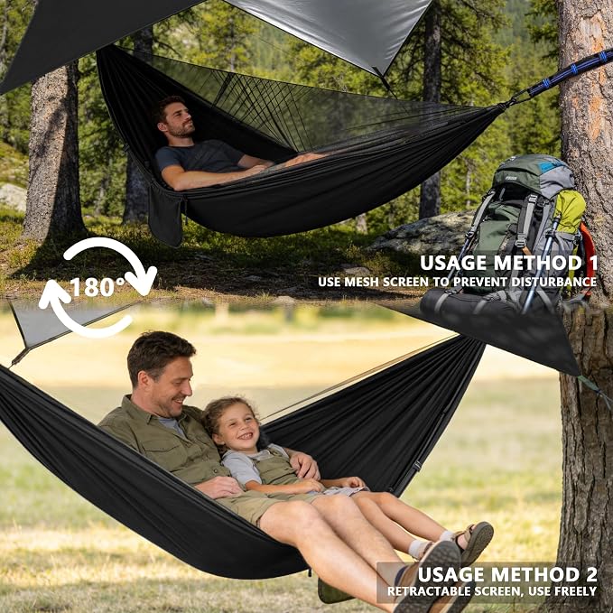 Camping Hammock with Rain Fly Tarp Mosquito Net Heavy Duty Tree Straps Portable Double Parachute Hammocks Tent Waterproof Rainfly Set