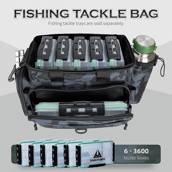 Ghosthorn Fishing Tackle Bag with Rod Holder Saltwater & Freshwater Resistant Tackle Box Bag - Adjustable Padded Shoulder Strap (Black Camouflage)