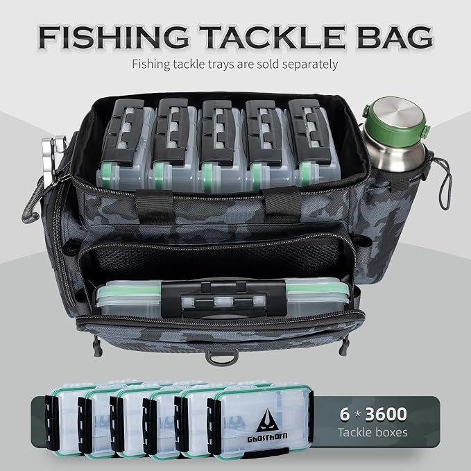 Ghosthorn Large Fishing Tackle Bag with Rod Holder Waterproof Gear Storage | Waterproof Fishing Bag with Padded Shoulder Strap Fishing Gear and Equipment Storage for Saltwater Freshwater