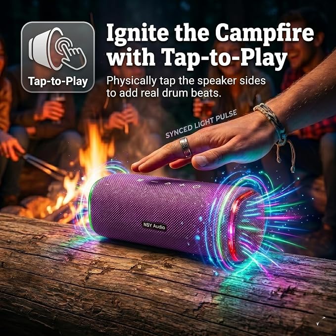 40W Bluetooth Shower Speaker, IPX7 Waterproof Floating Pool Speaker with Interactive Tap-to-Play Drum Beats, 25H Playtime, LED Lights, Built-in Mic for Hands-Free Calls in Bathroom, Purple