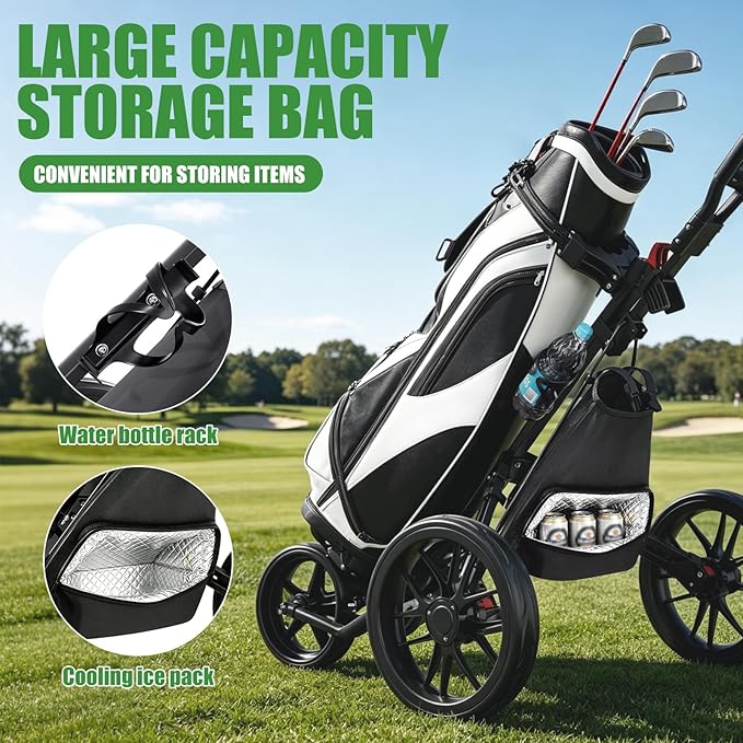 Golf Push Cart - Lightweight Aluminum 3-Wheel Foldable Golf Bag Cart with Large Wheels for All Terrain, Adjustable Handle, Foot Brake, Cooler Bag, Cup/Umbrella Holder