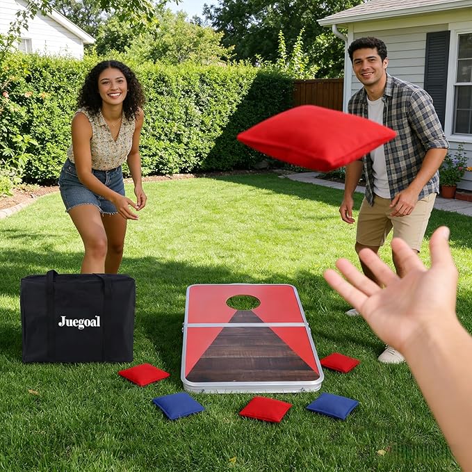 Juegoal Portable Cornhole Board Set for Kids Teens & Adults, 24x16 Inch Foldable Corn Hole Games with Bean Bags & Carry Bag, Lightweight Aluminum Alloy Travel Size Cornhole Set for Outdoor Games Beach