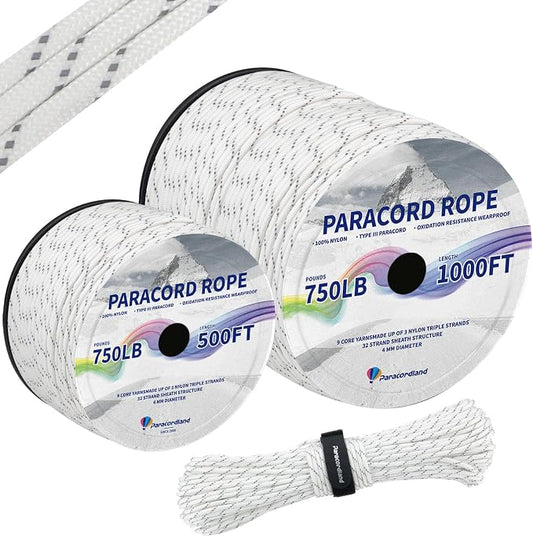 Paracordland-750LB Reflective Rope-100ft/500ft/1000ft- 9 Strand Parachute Spool Cord Heavy Duty String Ideal for Survival Gear Bracelet Camping Hikig Fishing-Reflective White-500FT