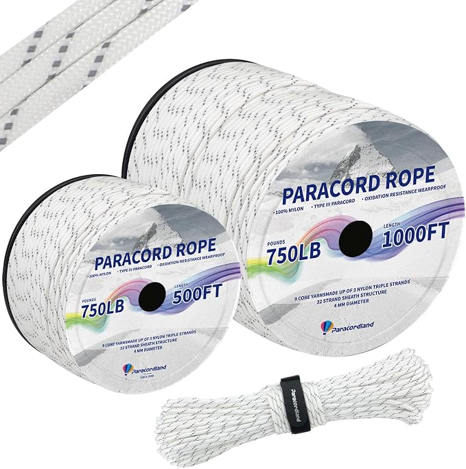 Paracordland-750LB Reflective Rope-100ft/500ft/1000ft- 9 Strand Parachute Spool Cord Heavy Duty String Ideal for Survival Gear Bracelet Camping Hikig Fishing-Reflective White-1000FT