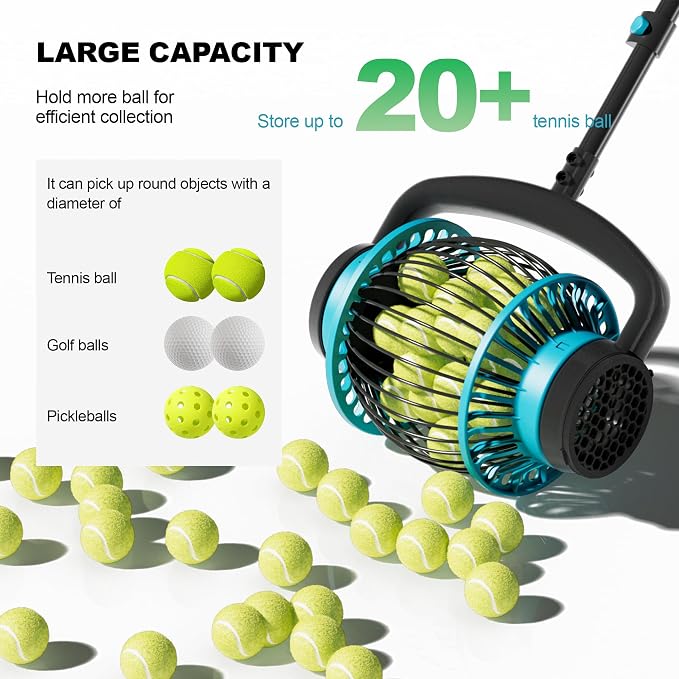 Tennis Ball Collector Roller with Adjustable Handle, No-Bend Quick Rolling Picker for Tennis Court, Quick-Tip Ball Release for Fast Emptying, Large Hopper Holds 20+ Tennis Balls Save Time & Your Back