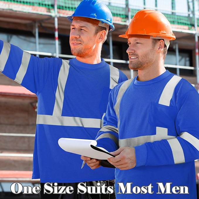 Amylove 4 Pcs Long Sleeve Safety Shirt High Visibility Reflective Construction Work Shirts for Men Women(L,Blue)