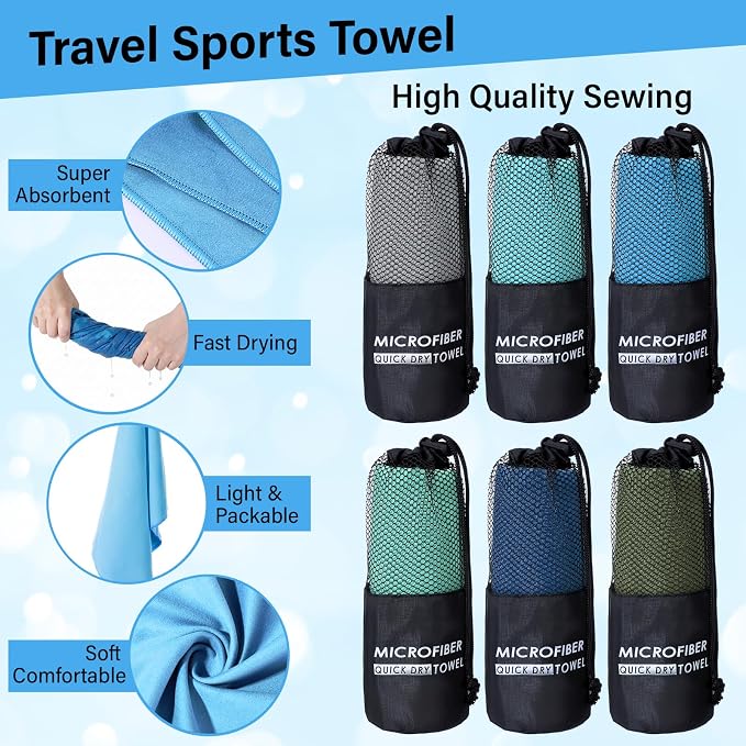 Mindsoft 6 Pack Large Microfiber Gym Towels, 47" x 20" Quick Dry Sweat Towels Super Absorbent Soft Fast Drying Towel Lightweight Towel for Workout, Camping, Backpacking, Beach, Swimming(Classic)