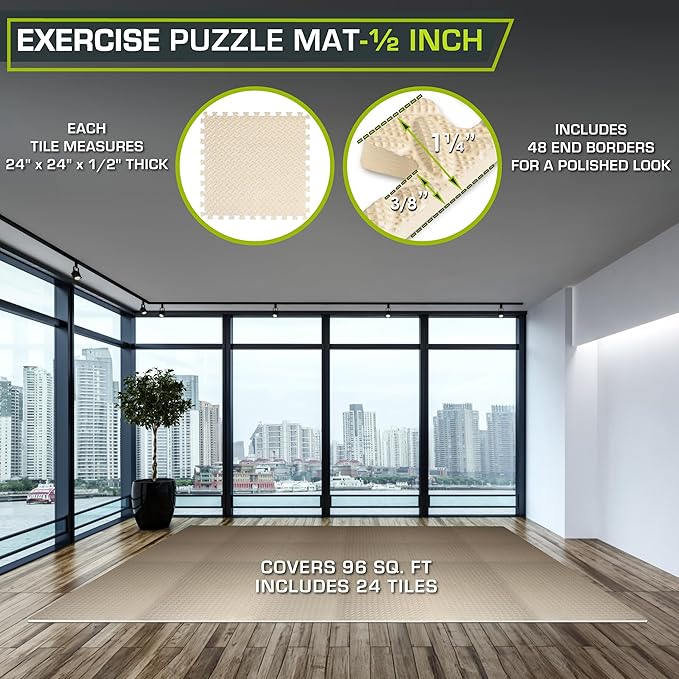 ProsourceFit Exercise Puzzle Mat 1/2-inch, EVA Interlocking Foam Floor Tiles for Home Gym, Workout Equipment, Kids Play Areas, Beige, 96 Sq Ft - 24 Tiles