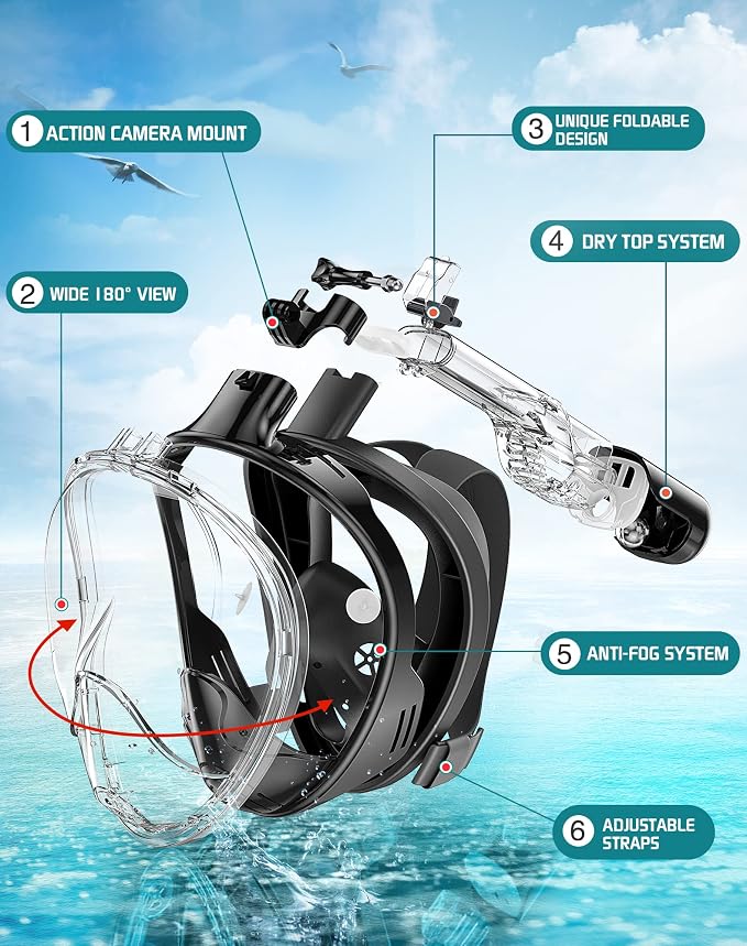 Greatever Full Face Snorkel Mask, Snorkeling Gear for Adults with Latest Dry Top Breathing System and Detachable Camera Mount, Foldable Snorkel Set for Family Snorkeling Trips, Anti-Fog & Anti-Leak