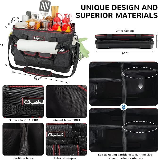 Chyaidach Large Grill Caddy with Hard Bottom and Paper Towel Holder, Picnic BBQ Condiment Utensil Organizer Caddy for Blackstone Griddle Accessories, Camping Essential, Outdoor Cooking, Tailgate, RV