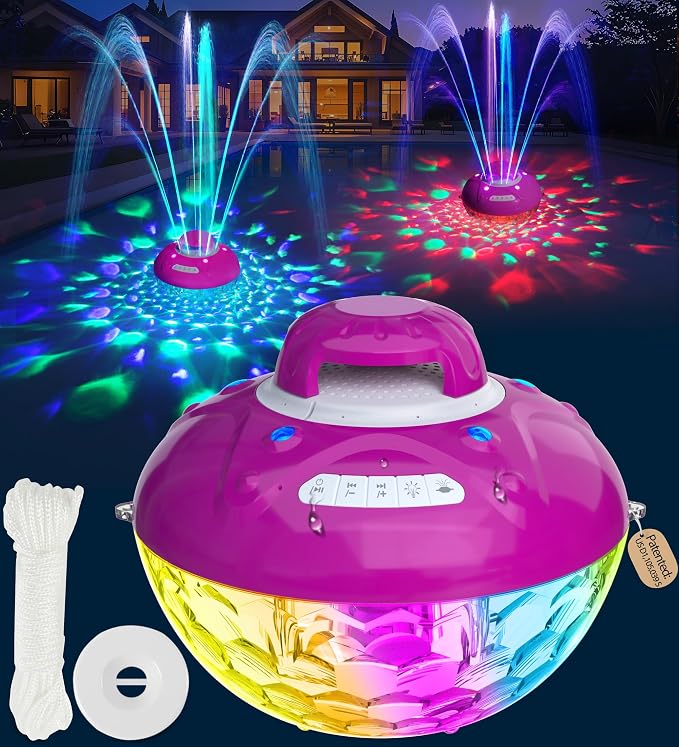 KingSom 3 in 1 Bluetooth Pool Speaker with Pool Fountain Light, Floating Pool Speaker for Pool, IP68 Waterproof Hot Tub Speakers, Loud Sound, BT5.4,24H Playtime Pool Water Fountain,Purple