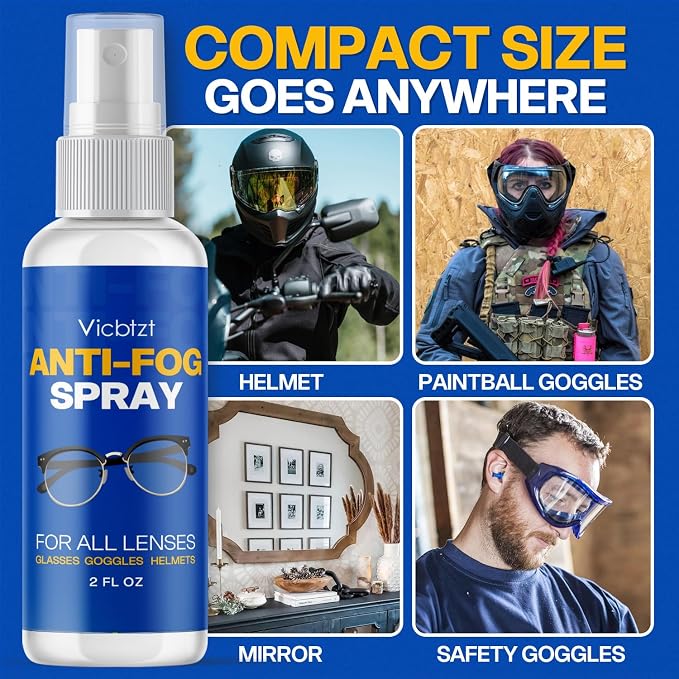 Anti Fog Spray for Glasses (2 oz), Lens-Safe Cleaner & Defogger for Helmet Visor, Safety Goggles & Everyday Eyewear, Fast-Acting & Long-Lasting for Hockey Shield, Sports Glasses, VR & Mirror