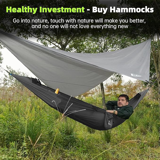 Camping Hammock with Mosquito Net, Underquilt & Rain Fly Tarp – 2 Person Portable Hammock Set for Hiking, Backpacking, Travel, Backyard, Beach – Holds Up to 500lbs (Black)