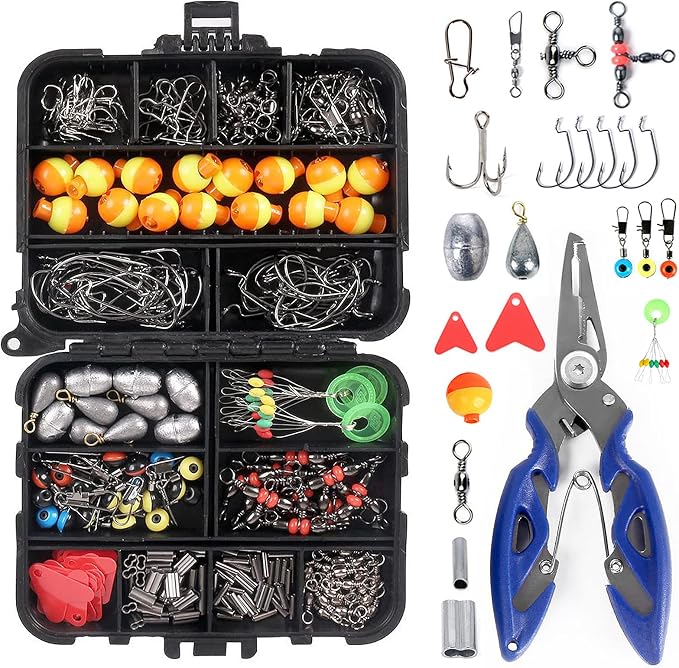 263pcs Fishing Accessories Set with Tackle Box Including Plier Jig Hooks Sinker Weight Swivels Snaps Sinker Slides