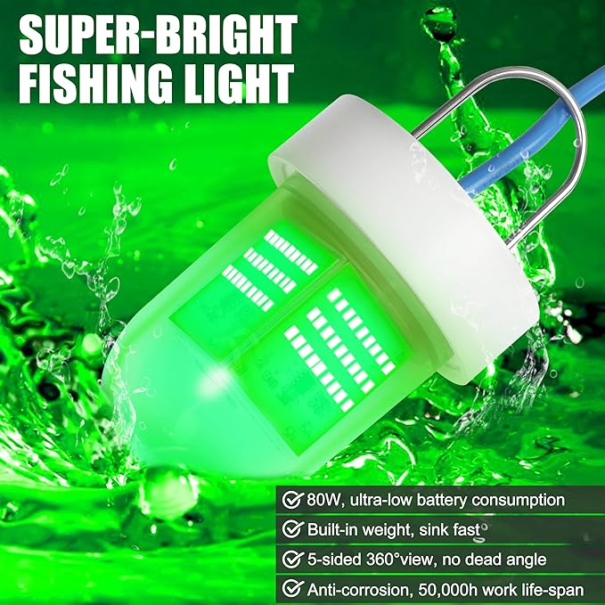 SILANON Underwater Fishing Light Super Bright 40000 Lumens 12V 80W LED Submersible Fishing Light Green Night Fish Attracting Light Waterproof Bait Finder Attractants Boat Lamp for Snook Crappie
