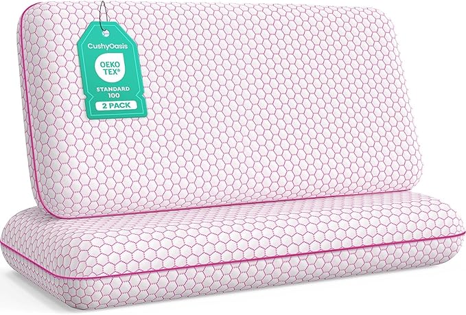 CushyOasis Memory Foam Pillows for Side, Back and Stomach Sleepers, Set of 2, Bed Pillow with Washable Cover and Breathable Mesh, Bed Pillow for Sleeping (Pink，King Size)
