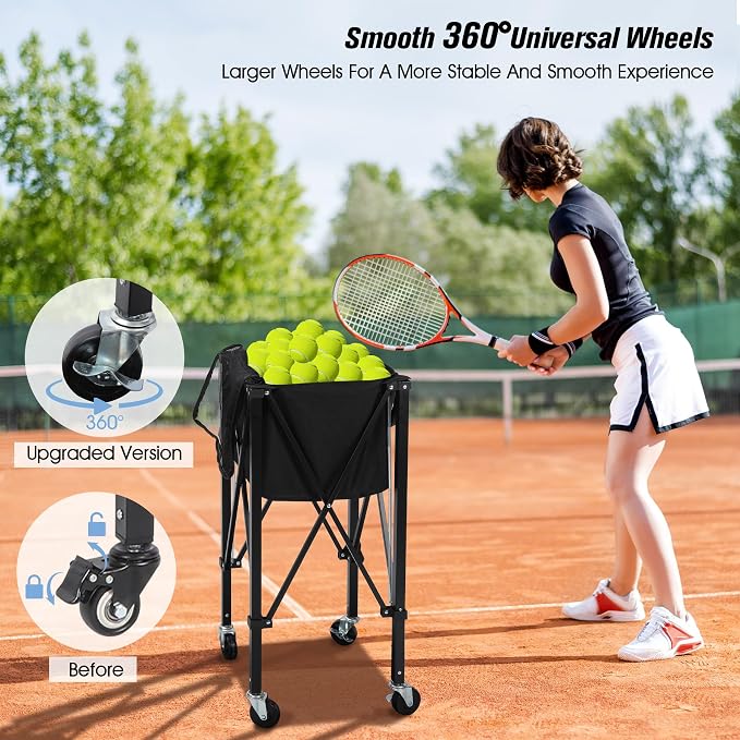 Portable Tennis Ball Hopper Holds 180 Balls, Tennis Ball Basket Cart with 4 Wheels & Brakes, Detachable Oxford Fabric Bag for Tennis and Pickleball Training, Black