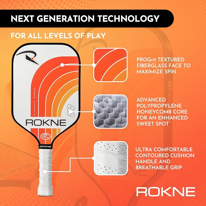 ROKNE Curve Classic Pickleball Paddle | USAPA Approved Fiberglass Pickleball Paddles | Precision Engineering & Comfort | ProGrit Texture for Max Spin & Power | Paddle