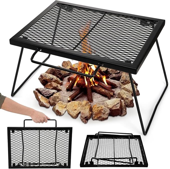 Elsjoy 17" Folding Campfire Grill Grate with Carrying Handle, Portable Camping Grill Over Fire Mesh Grate, Heavy Duty Steel Grate for Outdoor Cooking, Picnic, BBQ