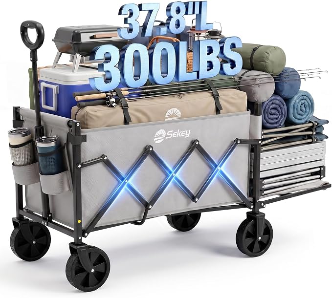 Sekey Collapsible Wagon Cart with Drop-Down Tailgate, 300 lb Capacity