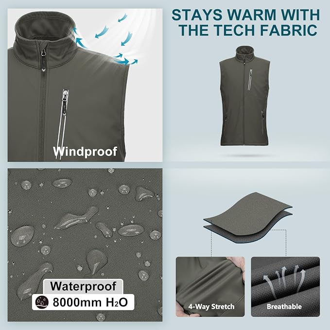 33,000ft Men's Windproof Lightweight Golf Vest Outerwear with Pockets, Softshell Sleeveless Jacket for Running Hiking Sports