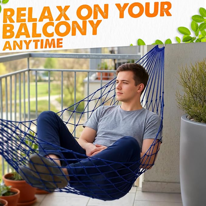 Mesh Hammock - Loop & Lounge Between Two Trees, Rope Hammocks for Outside Camping - No Stand Needed, 220 lb Capacity, Lightweight 13 oz Nylon Net Bed for Backyard Garden Patio Beach Travel, Blue