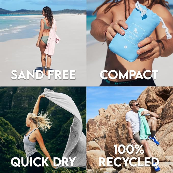 Dock & Bay Beach Towel - Quick Dry, Sand Free - Compact, Lightweight - 100% Recycled - Includes Bag - Essential - Rainforest Green, Large (160x90cm, 63x35)