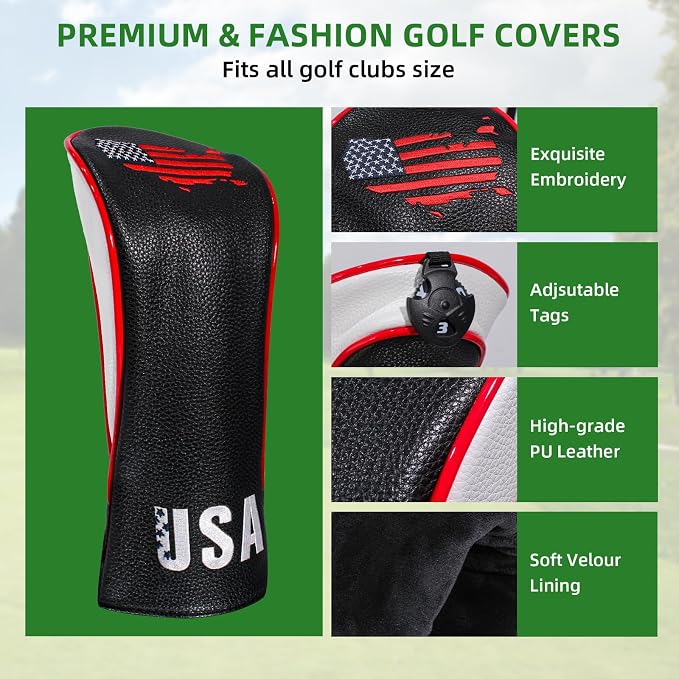 Golf Club Head Covers,4pcs or 1pc USA Golf Head Covers for Woods and Driver Fairway Hybrid - PU Leather Mallet Blade Putter for Men Women Golf Enthusiast
