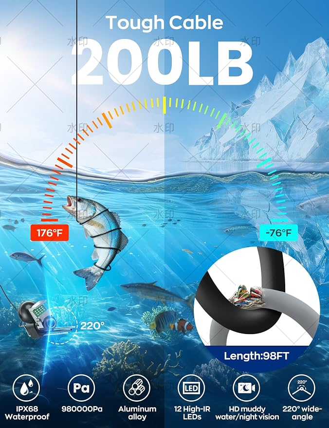 Underwater Fishing Camera,1080P Portable Fish Finder with 5" Waterproof IPS Screen,220° Ultra-Wide Ice Fishing Camera with 12 IR LED Night Vision,10000mAh Battery&100FT Cable for Boat, Lake & Kayak