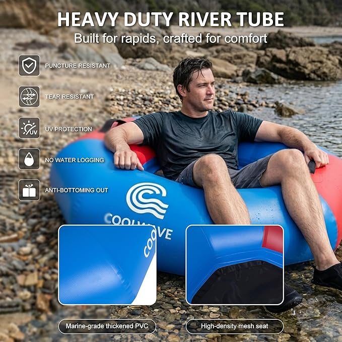 COOLWAVE Inflatable River Tube with Hand Pump, Heavy-Duty River Tubes for Floating, 43" Floating Tube with Mesh Seat for River, Lake, and Whitewater, Float Tube for Family and Friends, 300LBS Capacity