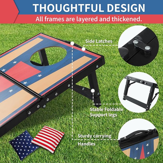 Portable Cornhole Board Set,24 x 16 in Corn Hole Games, Adjustable Angle & Dual Modes (Child/Adult) for Free Switch,Extra-Thick Material, Cornhole Game Boards with 8 Bean Bags with Storage Bag