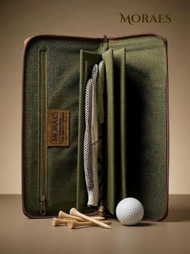 MORAES Genuine Leather Golf Glove Case Holder – Genuine Crazy Horse Leather Golf Wallet – Vintage Style Zippered Organizer Pouch – Keeps Gloves Flat & Dry – Premium Golfer Gift