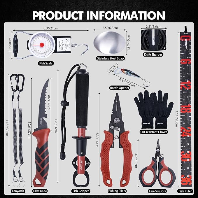 Goture Fishing Tool Kit,Fishing Pliers,Fillet Knife with Sheath,Fish Lip Gripper,Fish Hook Remover,Lanyard,Line Scissors,Sharpener,Stainless Steel Soap,Saltwater Gear Kit,Red/Pink,Gifts for Men/Women