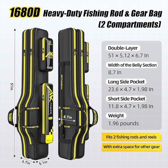 Fishing Rod Case 51in Double-Layer 1680D Heavyweight Oxford Fishing Pole Case & Bag with Wire Frame Support(Not Hardshell)Quick-Access Compartments Anti-Sag Design Fishing Rod Bag Fishing Gift for Men
