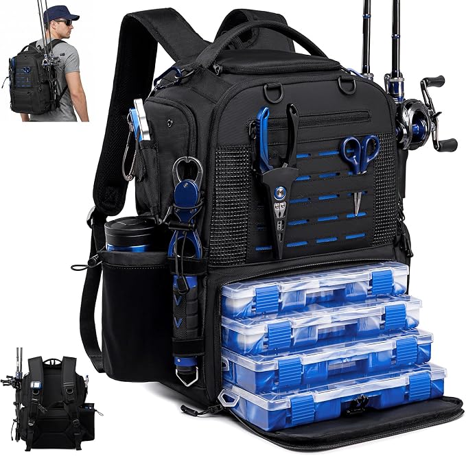 Fishing Tackle Backpack with Tackle Boxes, Two Rod Holders, Bottle Holder, 50L Waterproof Tackle Bag for Fishing Gear, Fish Gifts for Men, Black (4 Tackle Boxes Included