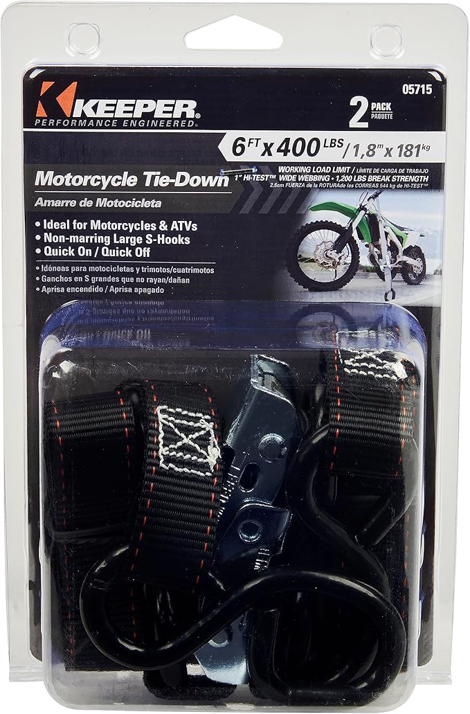 KEEPER 05715 6' x 1" Cam Buckle Motorcycle Tie-Down, 2 Pack", black, large