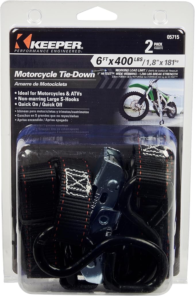 KEEPER 05715 6' x 1" Cam Buckle Motorcycle Tie-Down, 2 Count, Black, Large (Pack of 4)